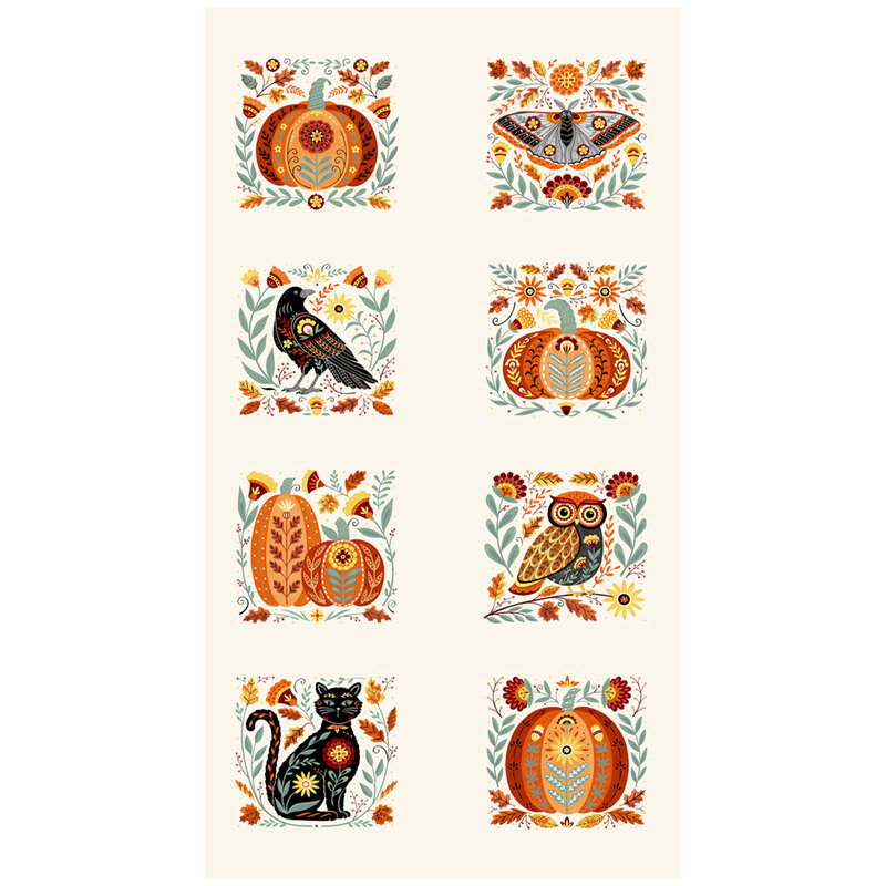 An off-white fabric panel with eight folk-art blocks of pumpkins, a moth, owl, crow, black cat, flowers, and autumn foliage.