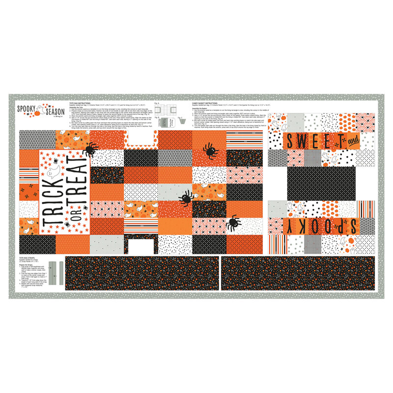 A Halloween cut-and-sew fabric panel with pieces and instructions for making a "Trick or Treat" tote bag and "Sweet and Spooky" candy basket.