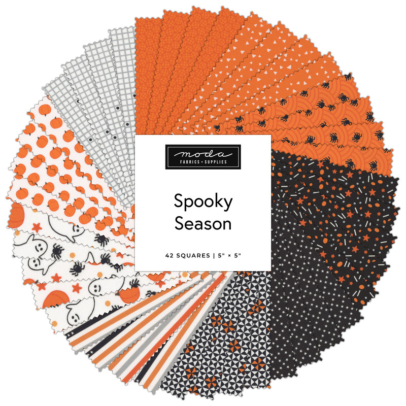 A collage of fabrics featured in the Spooky Season Charm Pack by Chrissy Lux for Moda Fabrics