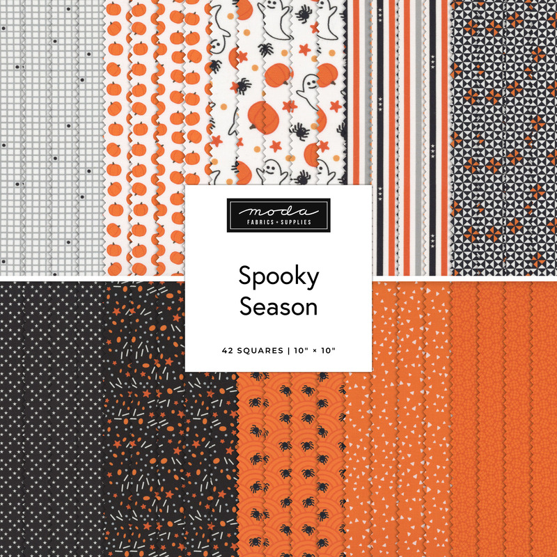 A collage of fabrics featured in the Spooky Season Layer Cake by Chrissy Lux for Moda Fabrics.