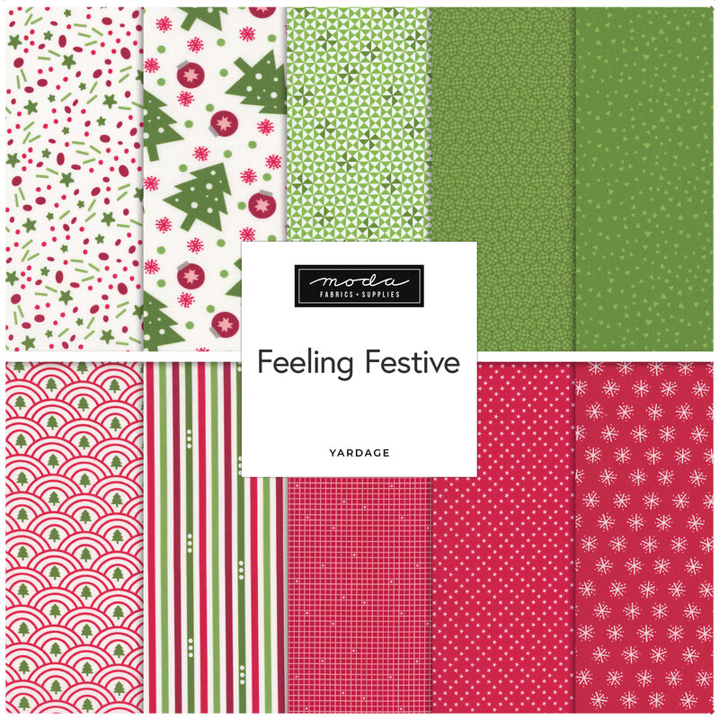 Square collage of Christmas-themed fabrics from the Feeling Festive collection.