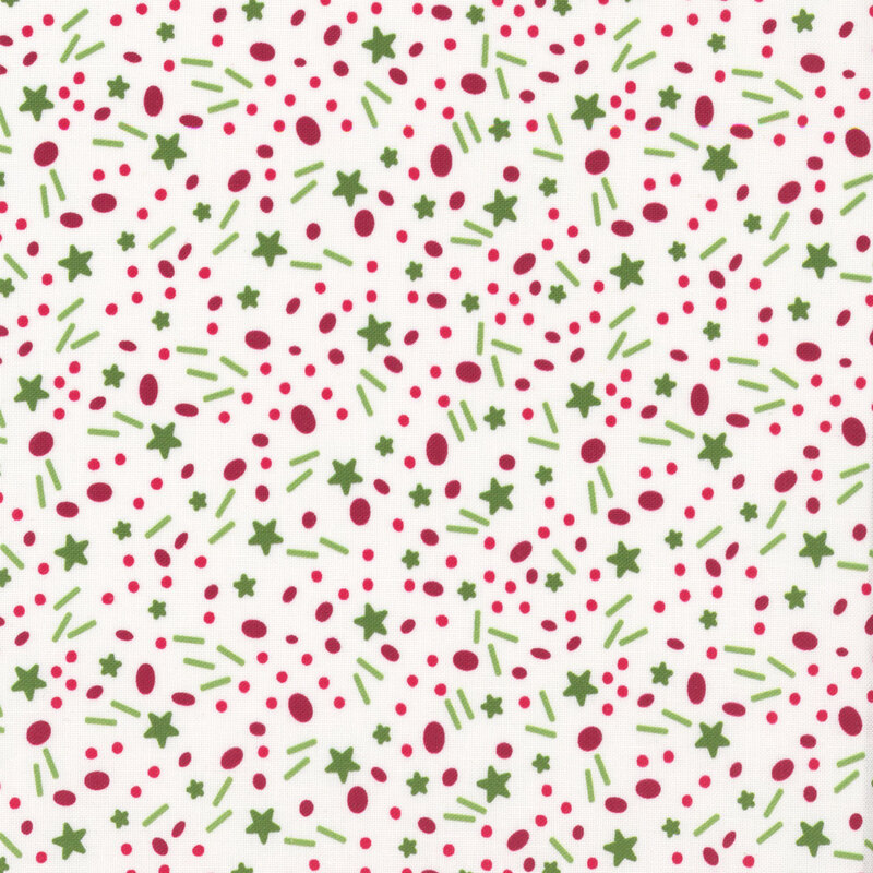 garnet red, strawberry, and green dots, stars, and lines scattered on a white background.