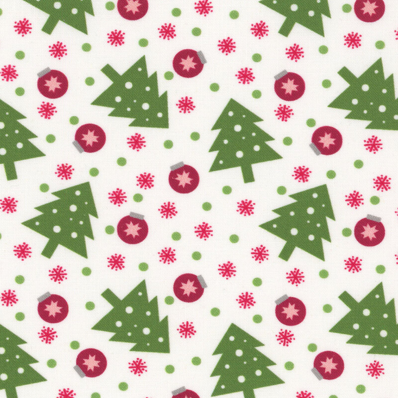 white fabric with scattered pine trees, dots, snowflakes, and ornaments in shades of red and green.