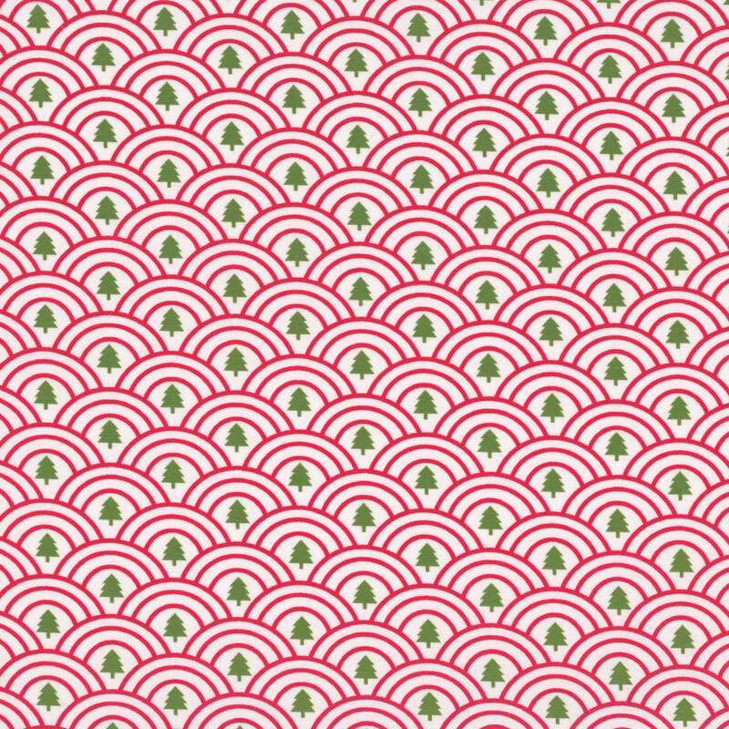 repeating red scalloped arches with green pine trees in the centers on a white background.