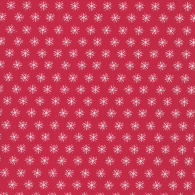 white stylized snowflakes on a rose red background.