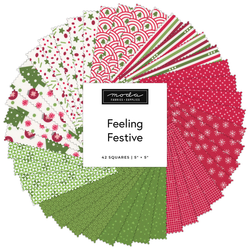 circular collage of Christmas-themed fabrics from the Feeling Festive charm pack.