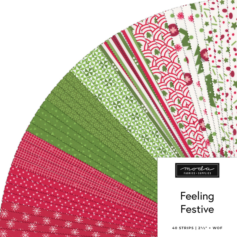 fanned collage of Christmas-themed fabrics from the Feeling Festive Jelly Roll