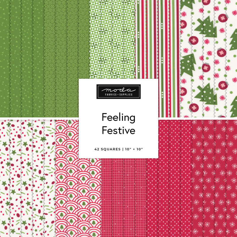 Square collage of Christmas-themed fabrics from the Feeling Festive Layer Cake
