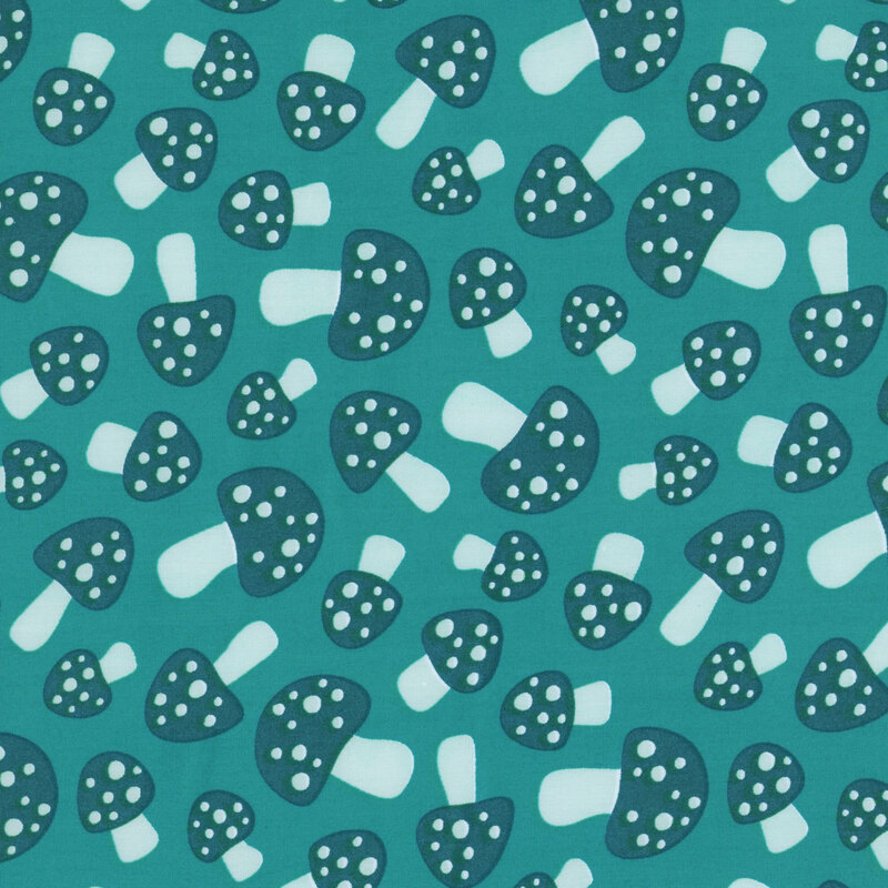 This viridian fabric features scattered phthalo green mushrooms.