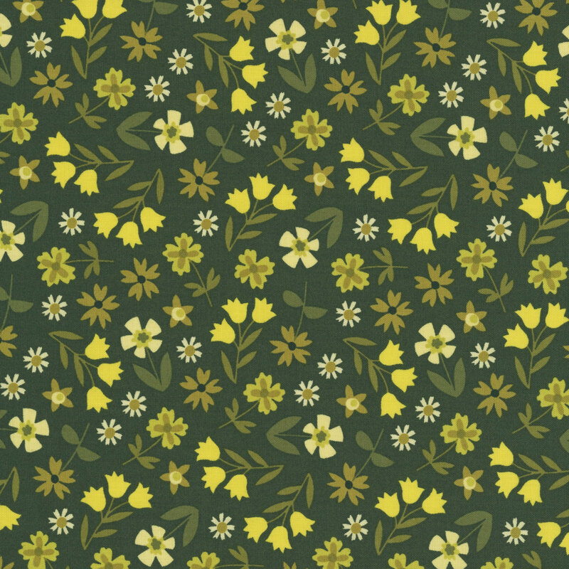 This forest green fabric features a tossed design of sage green and pear flowers. 