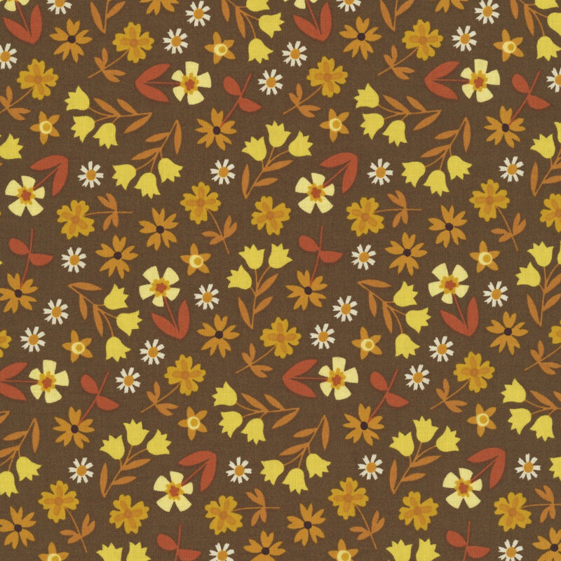 This rustic brown fabric features a tossed design of chiffon yellow and sienna flowers. 