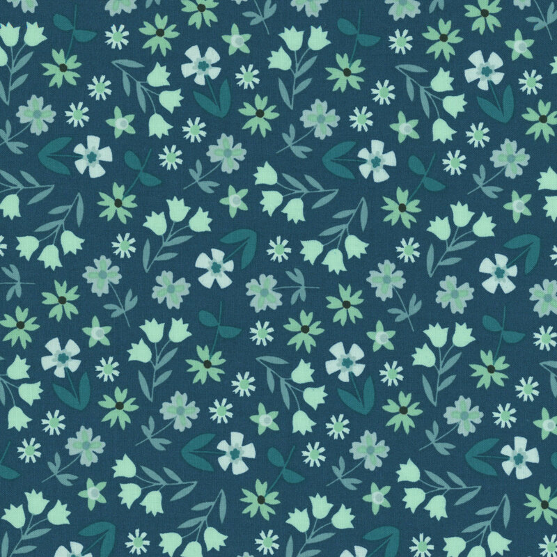 This dark teal blue fabric features a tossed design of light blue and viridian flowers. 