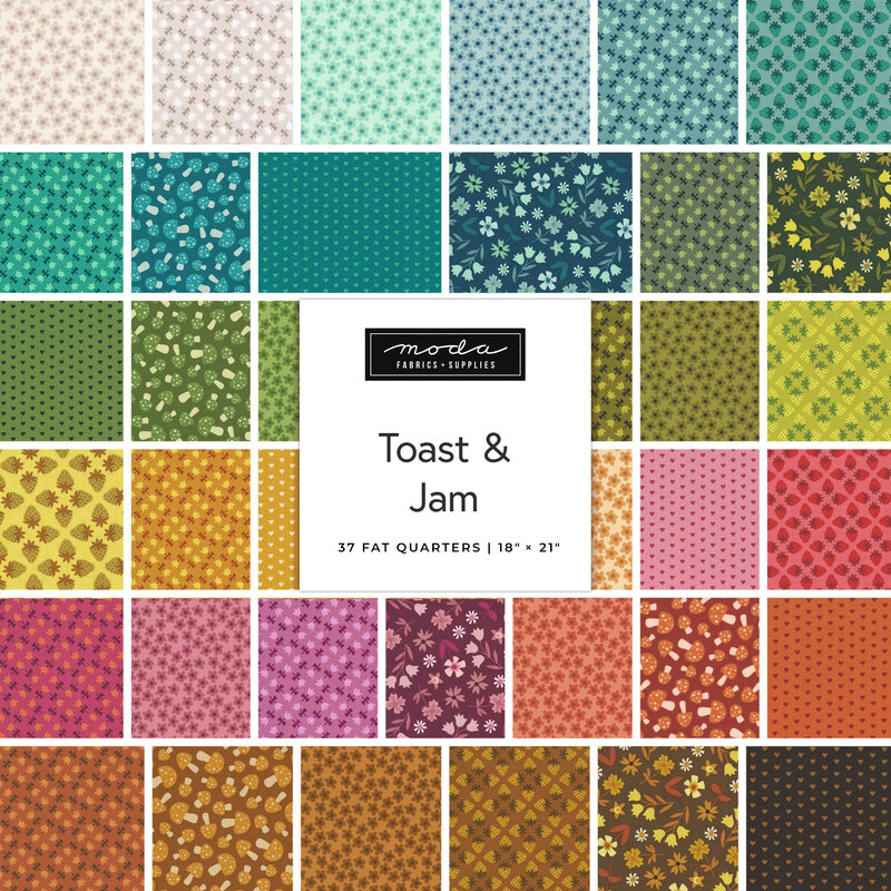 A fabric collage featuring colorful 70's inspired fabrics from the Toast and Jam collection by Moda Fabrics. 