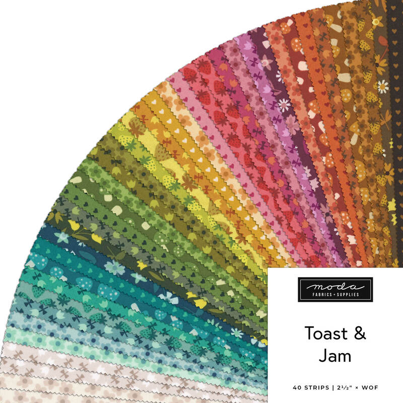 A fanned fabric collage featuring colorful 70's inspired fabrics from the Toast and Jam collection by Moda Fabrics. 