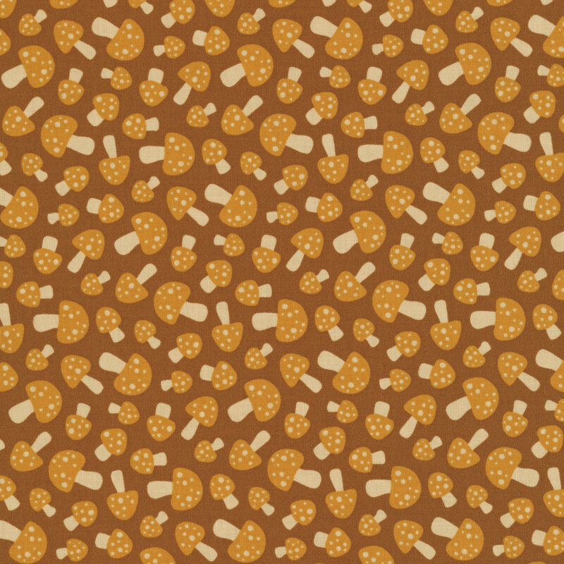 This brown fabric features small scattered gingersnap brown mushrooms.
