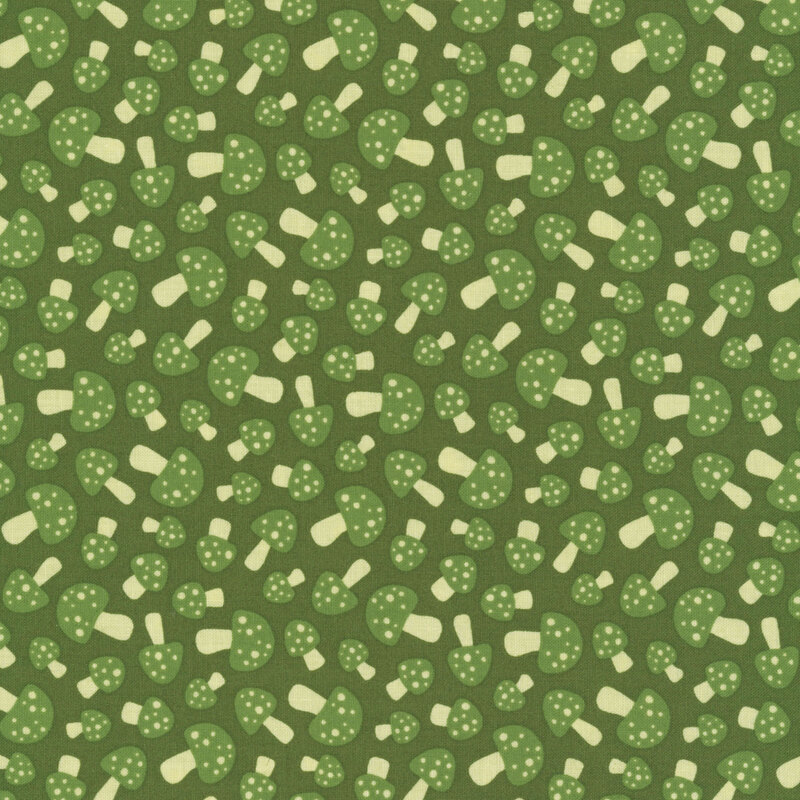 This dark sage green fabric features small scattered loden green mushrooms.