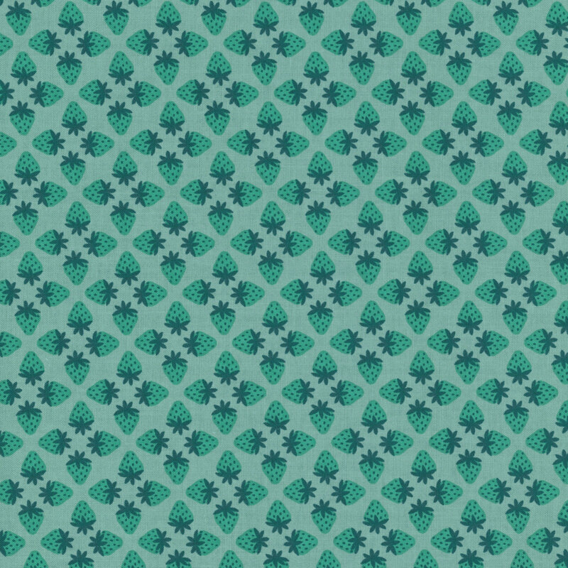 This turquoise fabric features tonal strawberries.