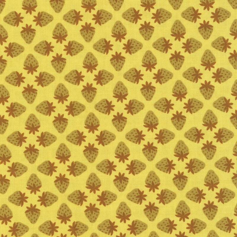 This mustard yellow fabric features tonal strawberries.