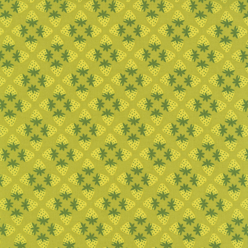 This chartreuse fabric features tonal strawberries.