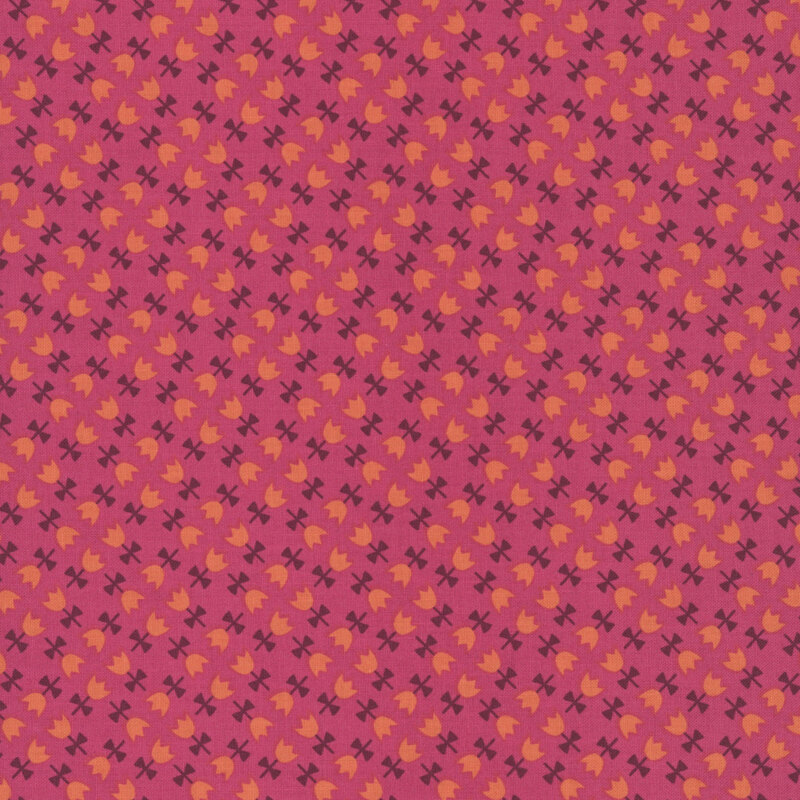 This rose red fabric features tulips arranged in an elegant geometric design. 