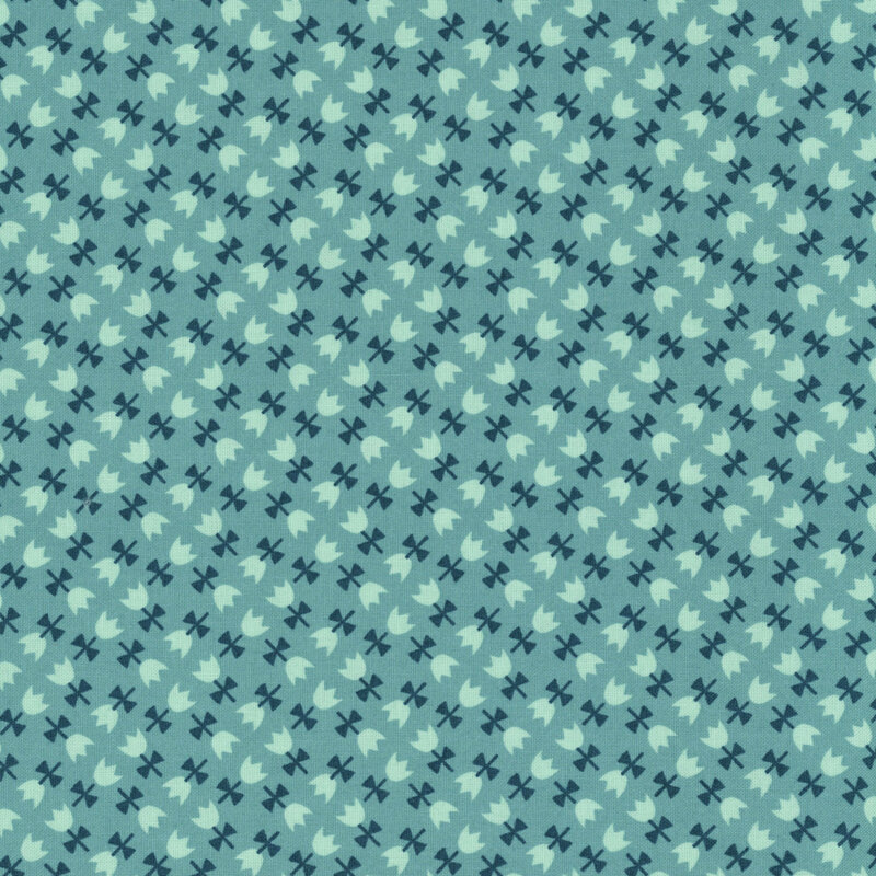 This robins egg blue fabric features tulips with light teal petals arranged in an elegant geometric design. 