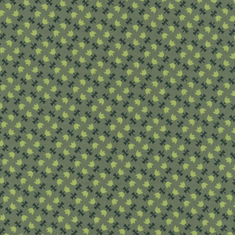 This moss green fabric features tulips with light green petals arranged in an elegant geometric design. 