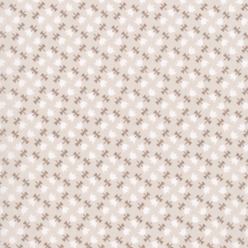 This beige fabric features tulips with white petals arranged in an elegant geometric design. 