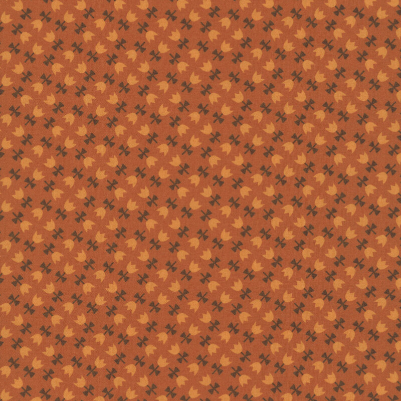 This spice orange fabric features tulips with soft orange petals arranged in an elegant geometric design. 