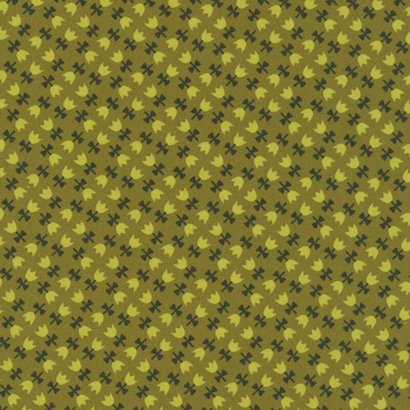 This olive green fabric features tulips with light green petals arranged in an elegant geometric design. 