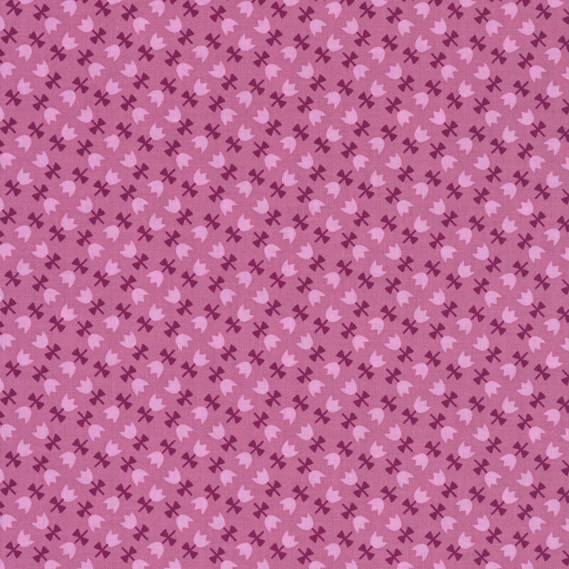 This bubblegum pink fabric features tulips with light pink petals arranged in an elegant geometric design. 