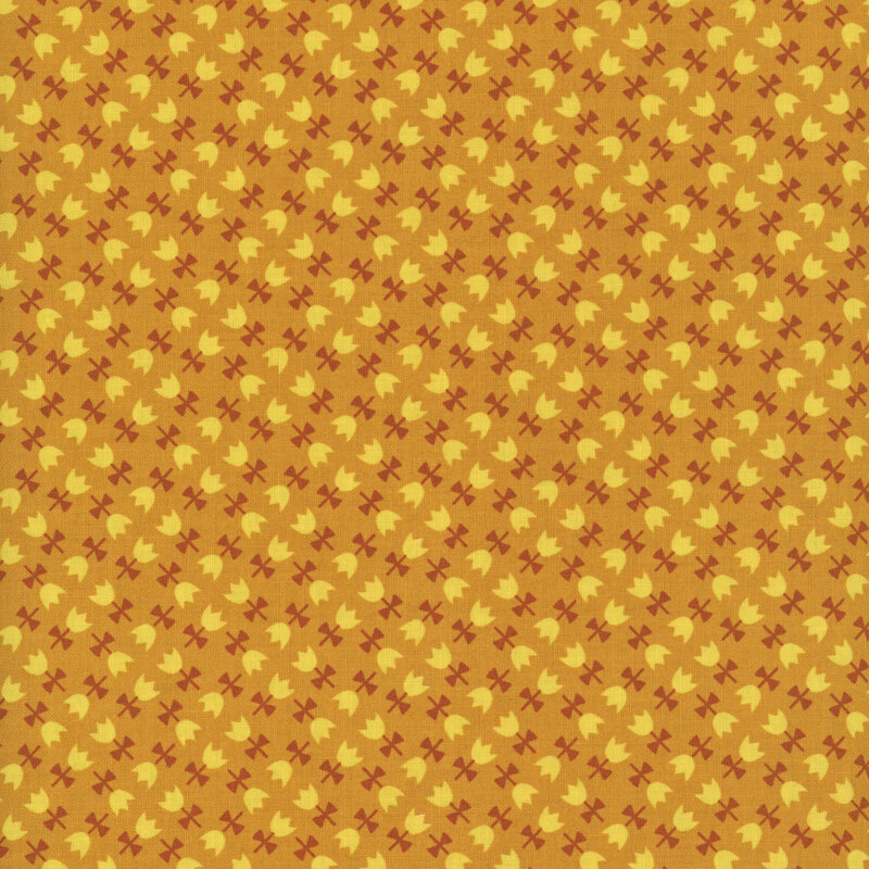 This butterscotch fabric features tulips with yellow petals arranged in an elegant geometric design. 