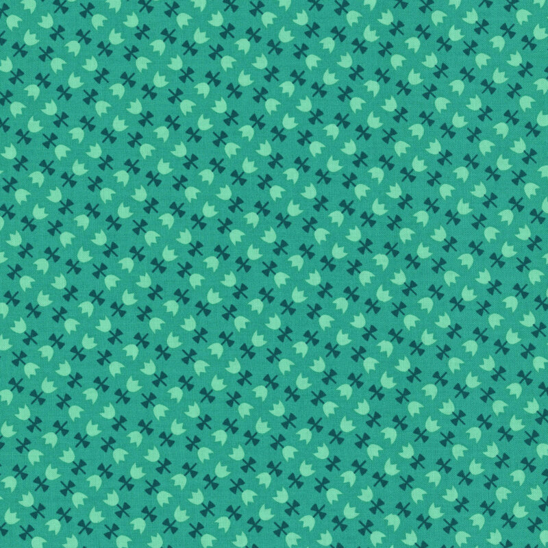 This turquoise fabric features tulips with aqua petals arranged in an elegant geometric design. 