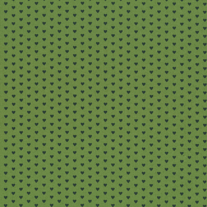 This forest green fabric features rows of tiny dark green hearts. 
