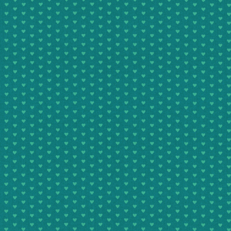 This turquoise fabric features rows of tiny teal hearts. 