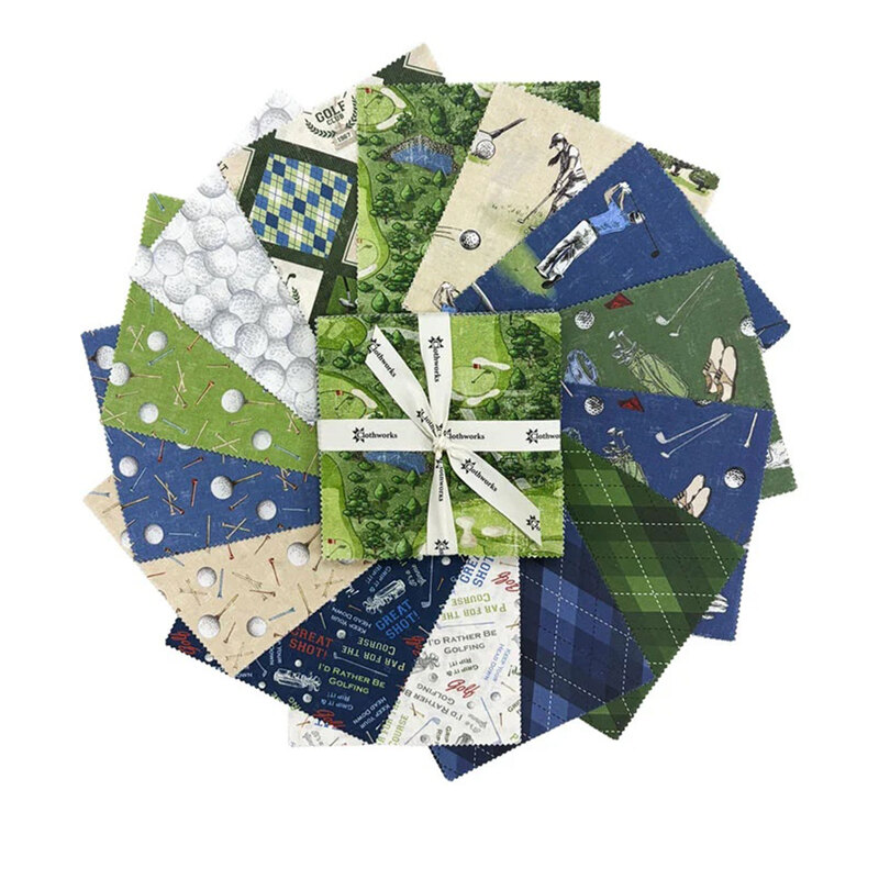 Fanned out collage of the fabrics featured in the Tee Time 5" Squares.