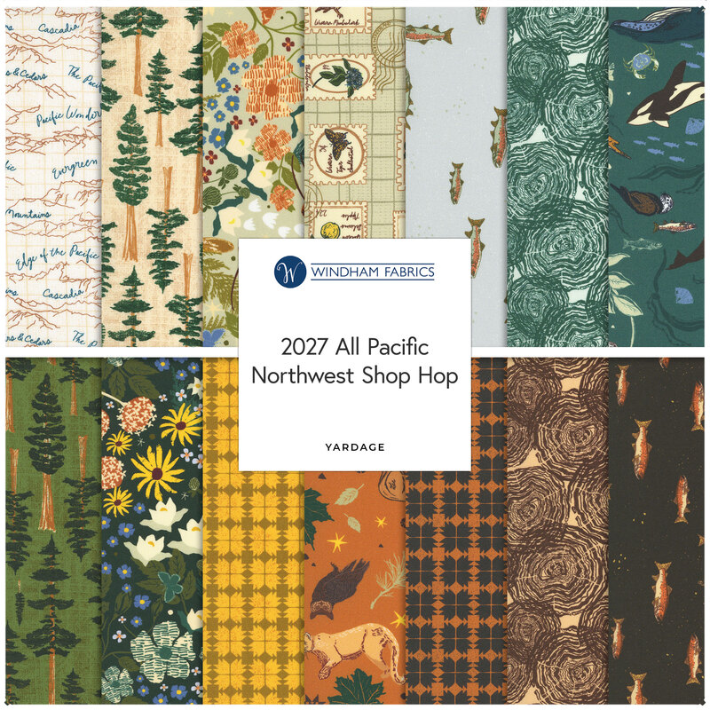 Digital collage of the available yardage fabrics from the 2027 All Pacific Northwest Shop Hop