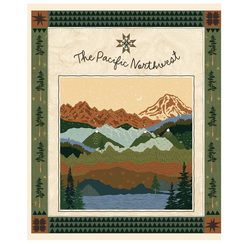 Illustrated Pacific Northwest landscape panel with mountains, forest, and lake.