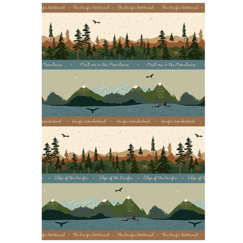 Border stripe with nature scenes of pine forests, mountains, birds, and orca whales.