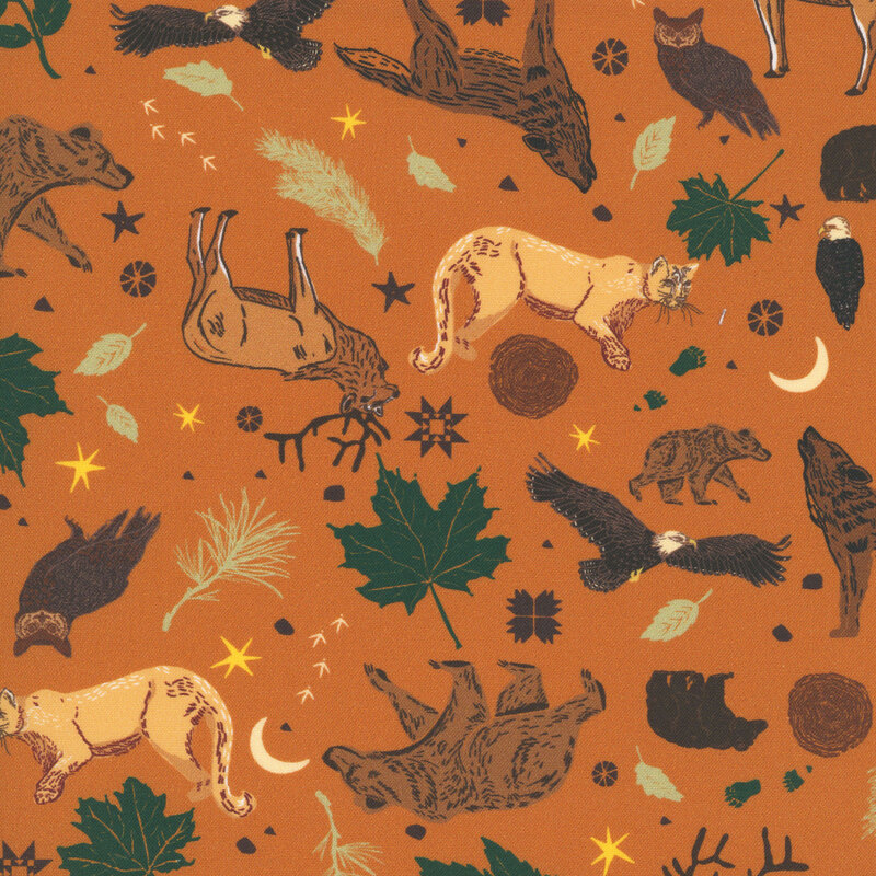 Burnt sienna fabric with tossed elk, mountain lions, bears, wolves, leaves, and more.