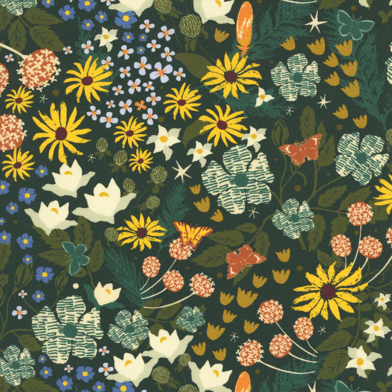 Dark viridian fabric with a dense design of florals and leaves.