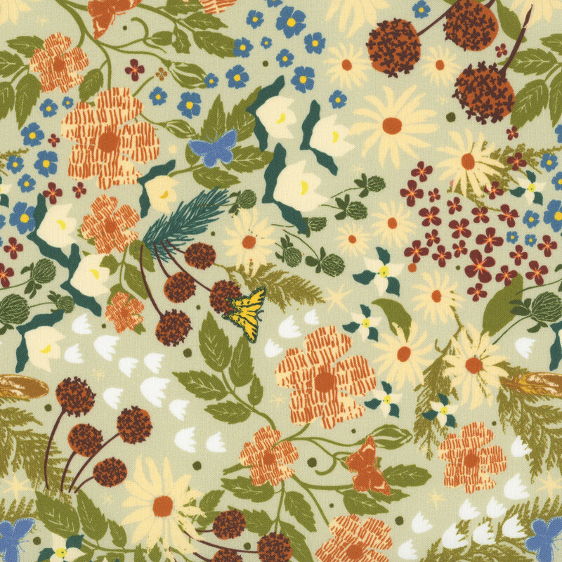 Pale sage fabric with a dense design of florals and leaves.