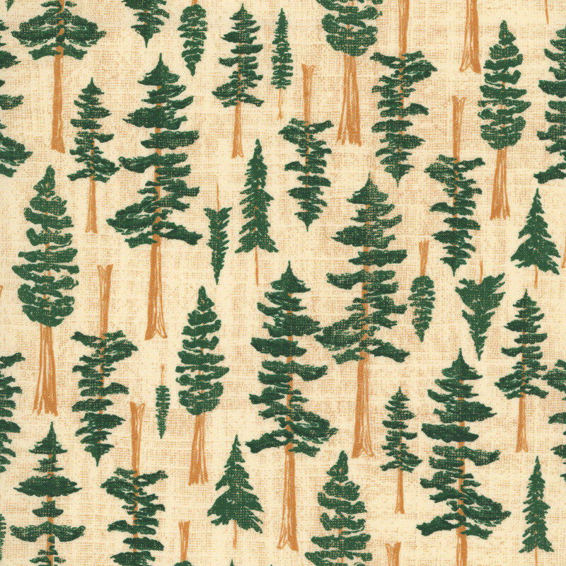 Cream fabric with a structured arrangement of coniferous trees.