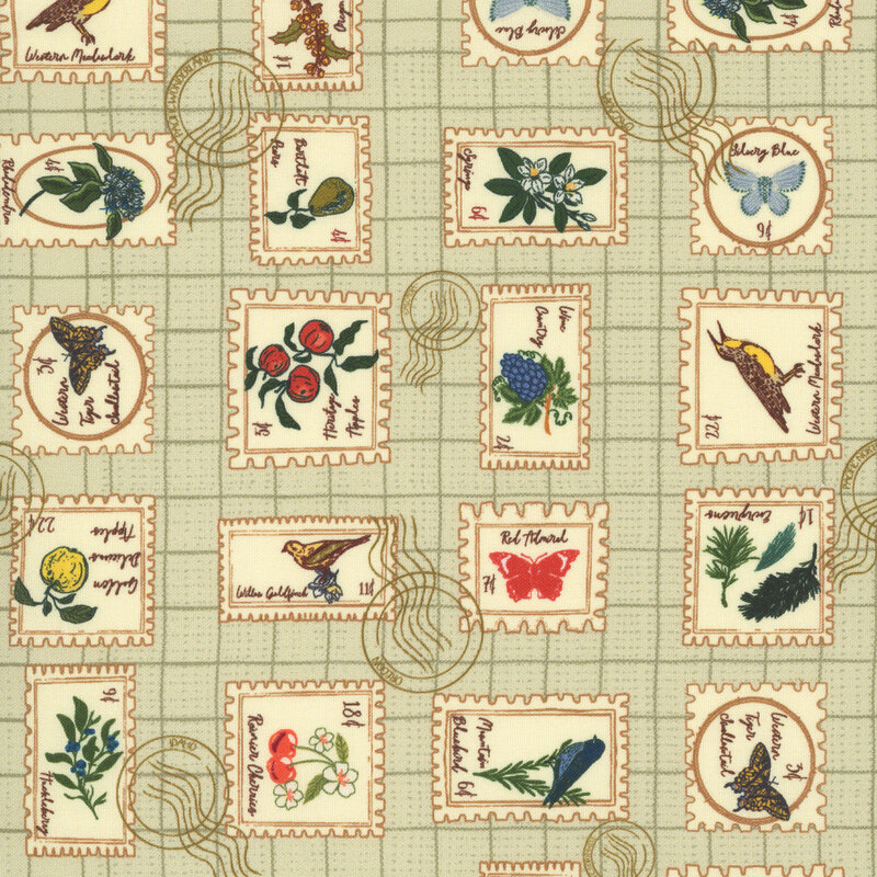 Sage green vintage stamp-patterned fabric with illustrated birds, flowers, and butterflies in muted tones.