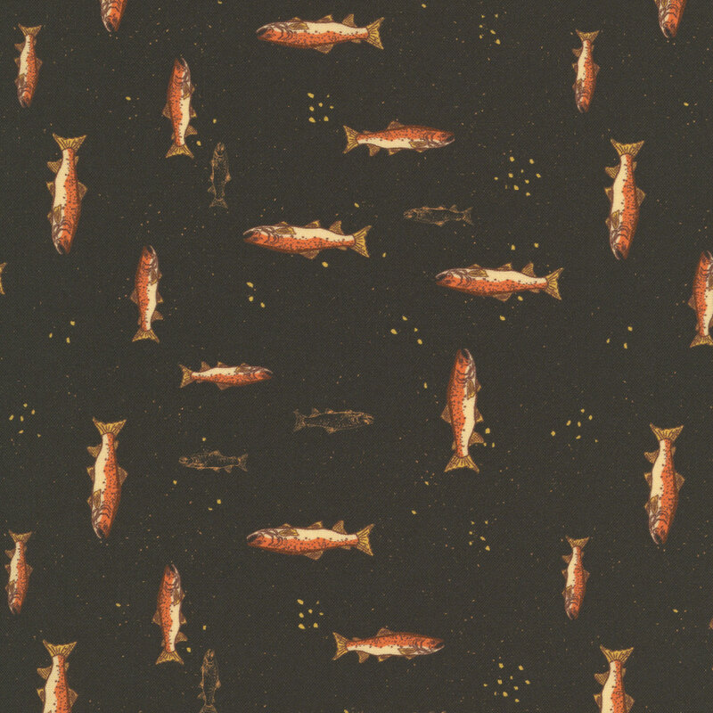 Dark umber brown fabric with scattered orange salmon.