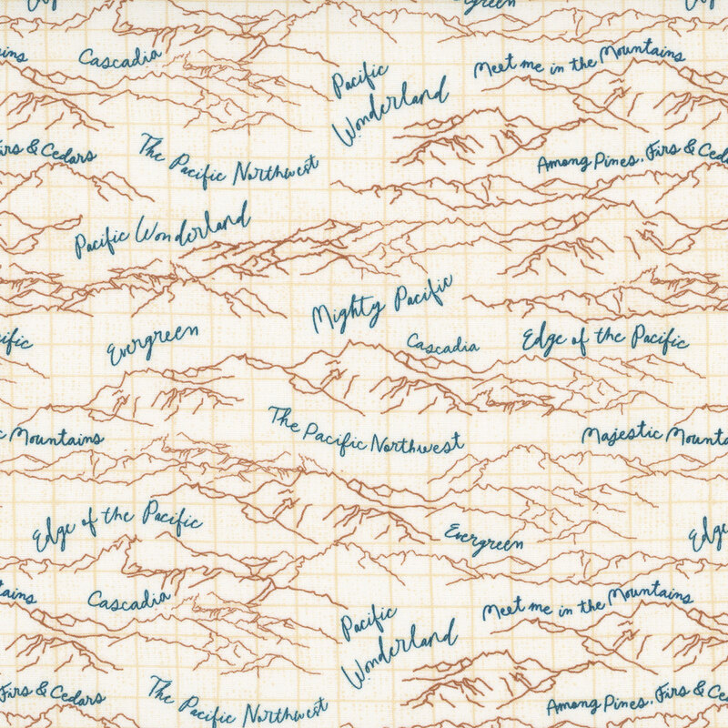 Cream fabric with an arrangement of brown hand drawn design of mountains paired with phrases in blue.