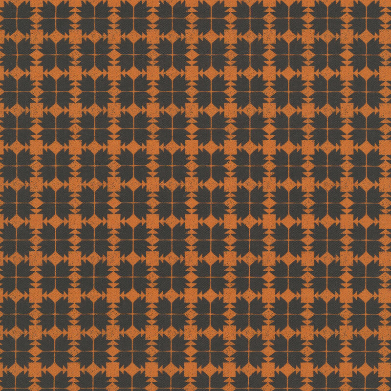 Dark orange geometric tiled pattern of brown bear claw style quilt block patterns.