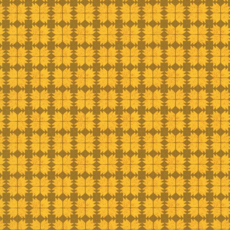 Yellow geometric tiled pattern of bear claw style quilt block patterns.
