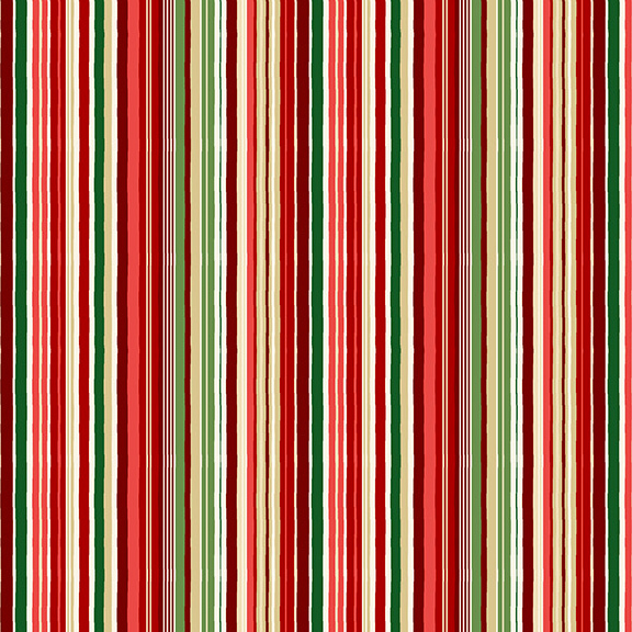 fabric featuring vertical stripes of varying widths in shades of red, green, pink, white, and metallic gold,