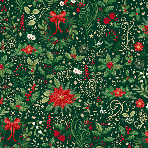 vibrant red poinsettias, holiday wreaths, holly berries, and lush greenery accented with metallic gold scrollwork, musical notes, and twinkling stars on a dark green background.
