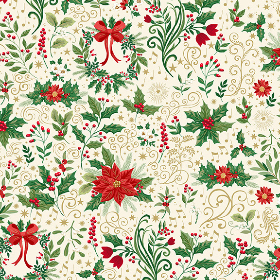 vibrant red poinsettias, holiday wreaths, holly berries, and lush greenery accented with metallic gold scrollwork, musical notes, and twinkling stars on a soft cream background.